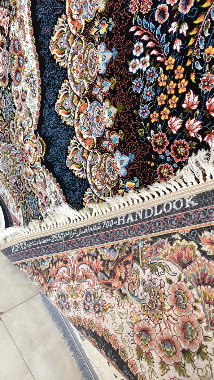 فرش طرح ارکیده سرمه ای - 700 شانه تمام آکریلیک