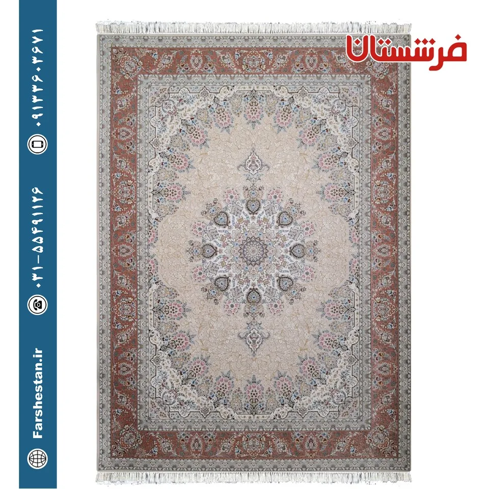 فرش طرح حریر کرم طلاکوب حاشیه گلبهی 1500 شانه برجسته تمام آکریلیک