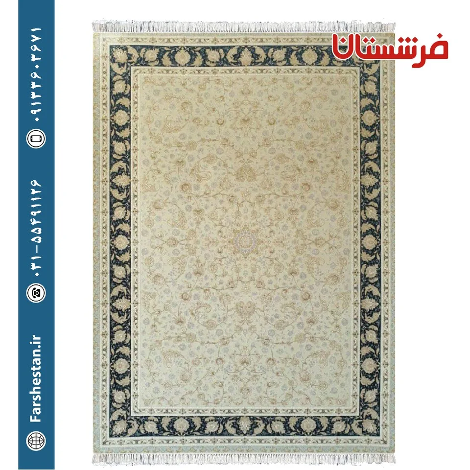 فرش طرح گلناز کرم حاشیه کاربنی پالت سیلور 1200شانه برجسته تمام آکریلیک
