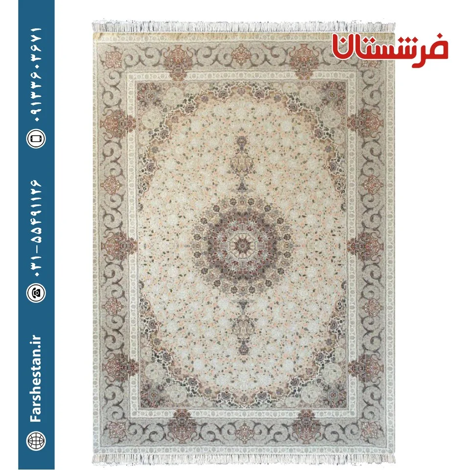 فرش طرح گلشید کرم حاشیه نقره ای پالت سیلور 1200شانه برجسته تمام آکریلیک