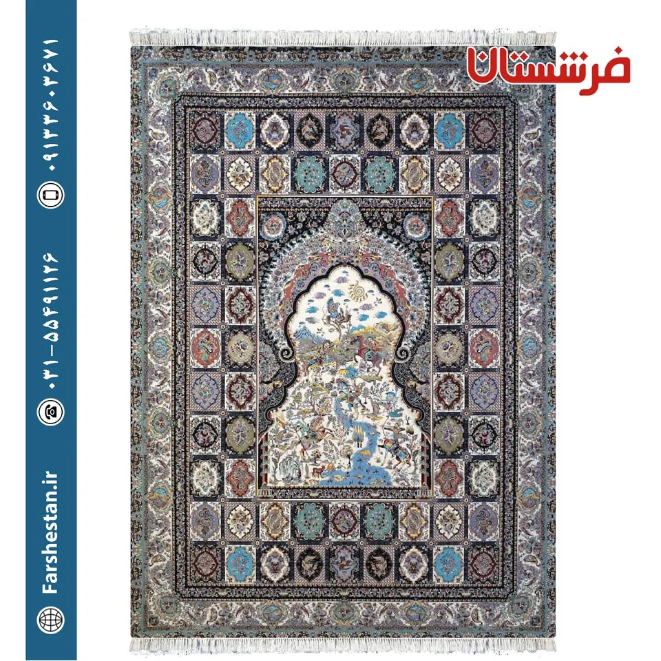 فرش طرح خشتی شکارگاه سرمه ای 1200 شانه تمام آکریلیک