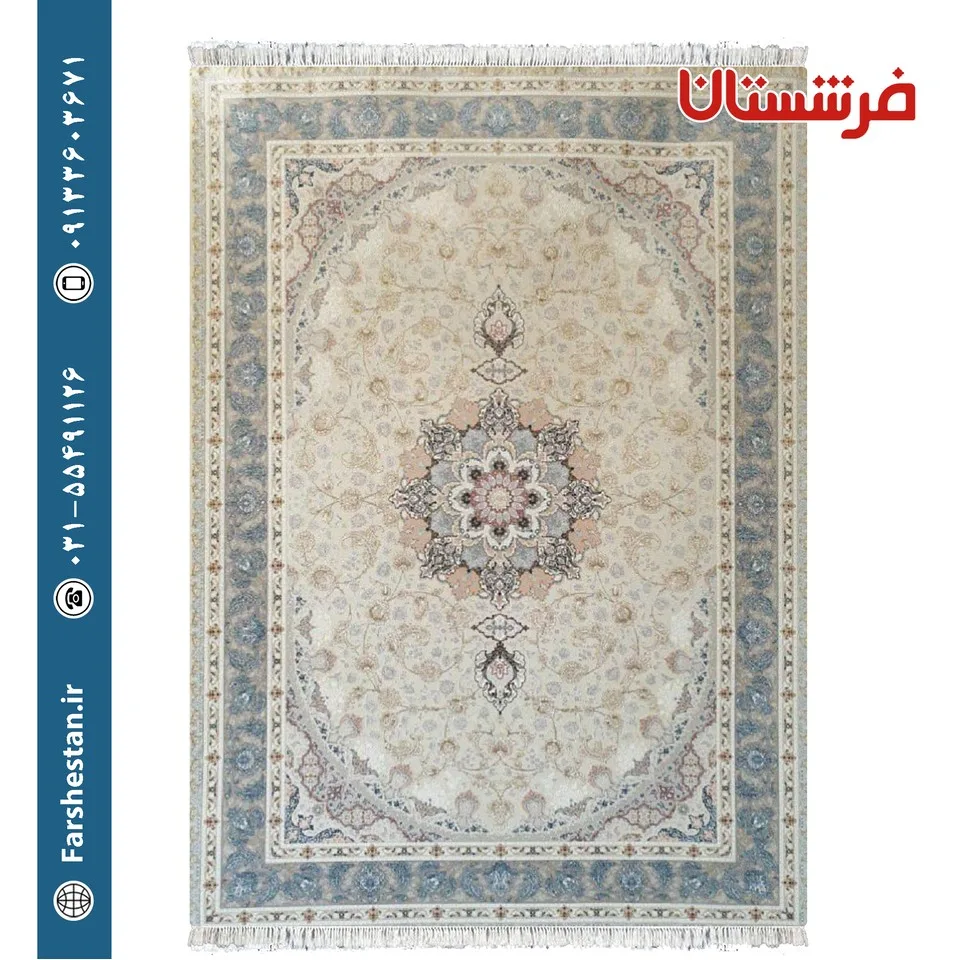 فرش طرح نایین کرم حاشیه نقره ای پالت سیلور 1200شانه برجسته تمام آکریلیک