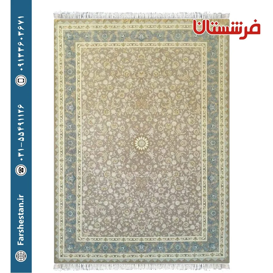 فرش طرح زرگل نقره ای حاشیه آبی 1200شانه برجسته تمام آکریلیک